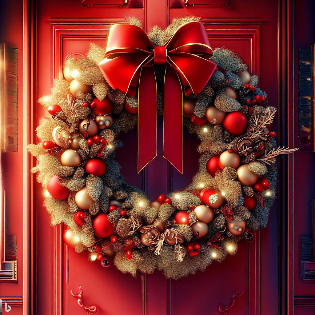 Beautiful Christmas wreath adorning a red front door.