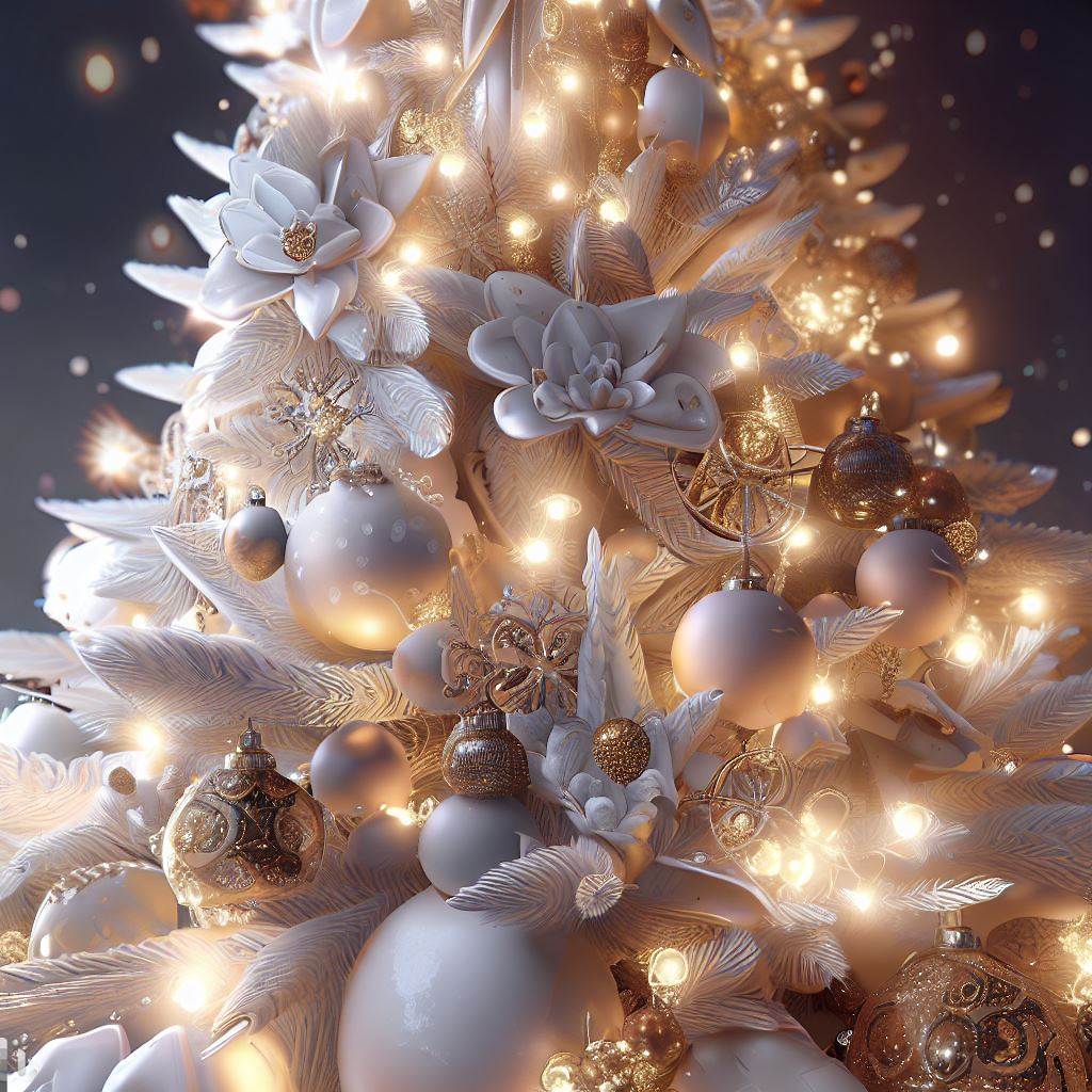 Elegant Christmas tree adorned with white and gold decorations, creating a sophisticated look.