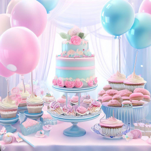 A beautiful dessert table with cupcakes and cake pops for a baby shower