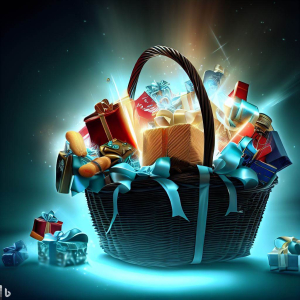 A basket filled with gifts and treats for a male recipient's birthday