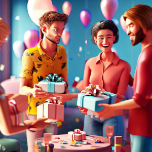 A group of friends exchanging gifts at a birthday party