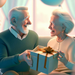 Grandparents exchanging heartfelt birthday gifts