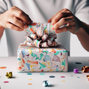 A person wrapping a birthday gift with creative and unique wrapping paper
