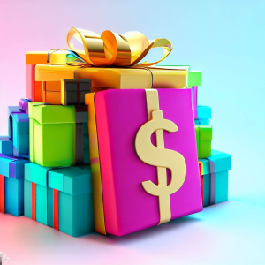 A stack of colorful wrapped presents with a dollar symbol.