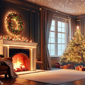 Festive living room with cozy fireplace and Christmas tree.