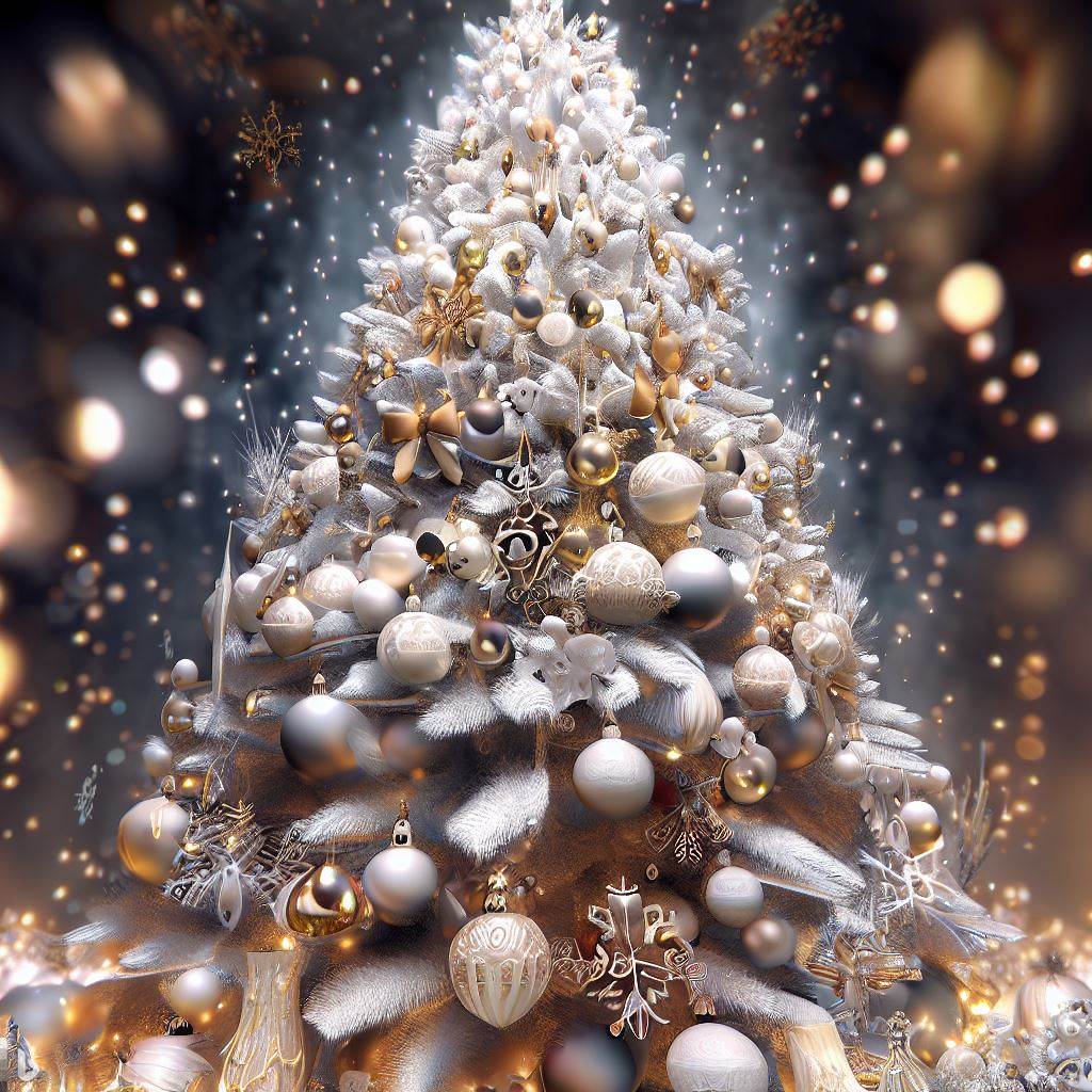 Stunning Christmas tree decorated with white and gold ornaments and twinkling lights.