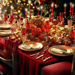 Elegant Christmas table setting with red and gold accents, creating a warm and inviting atmosphere.