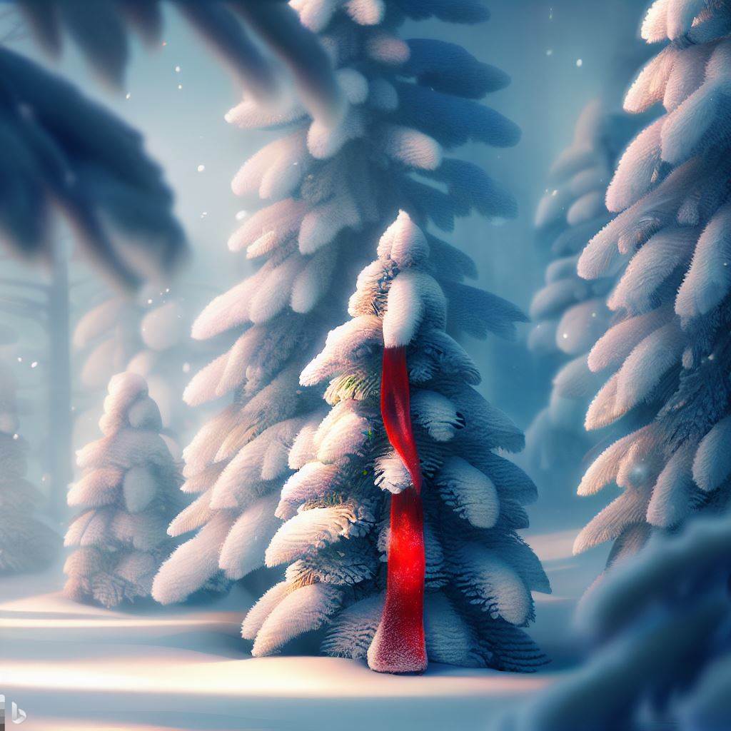 Winter wonderland scene with snow-covered pine trees and a cozy scarf wrapped around one.