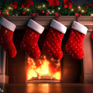Festive Christmas stockings hanging on a fireplace mantle, waiting to be filled.