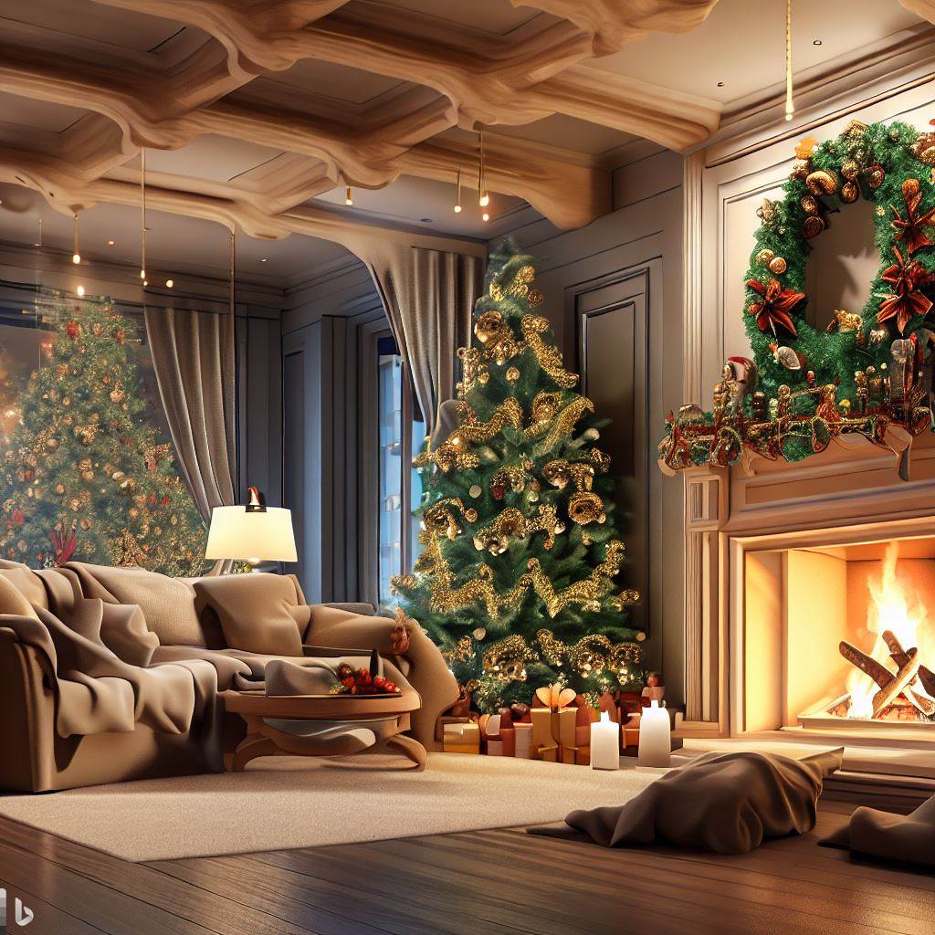 Warm and cozy Christmas living room with fireplace and decorated tree.