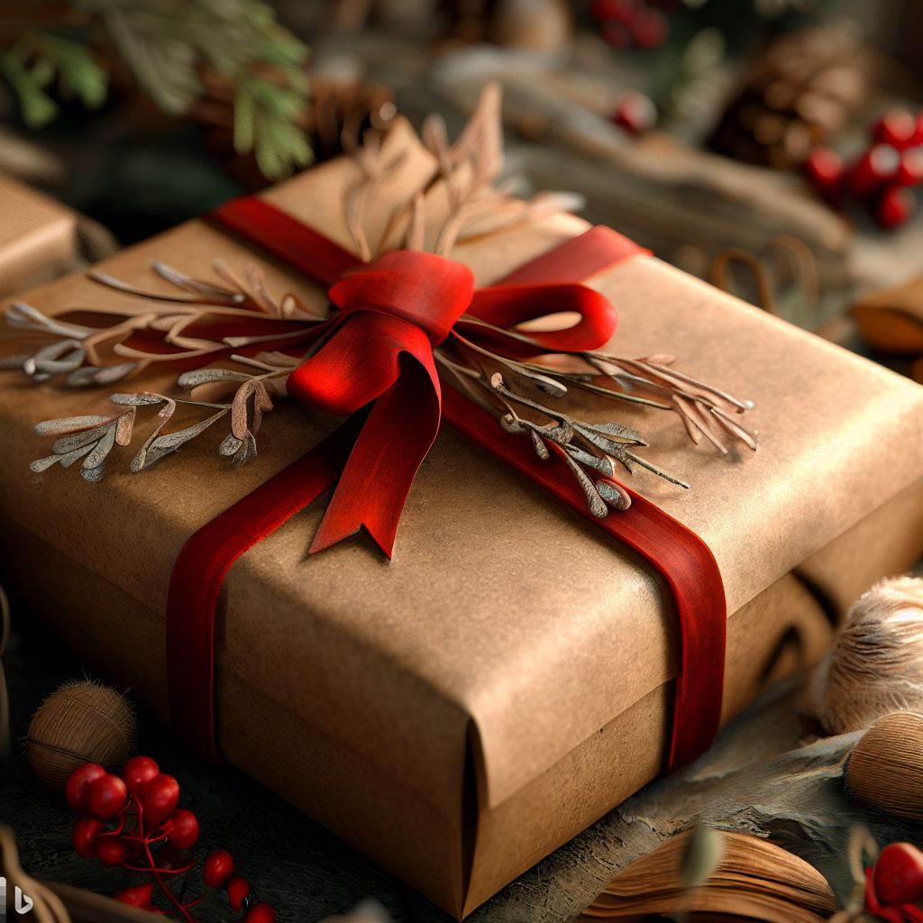 Festive Christmas present wrapped in brown paper with a red bow and sprigs of greenery.