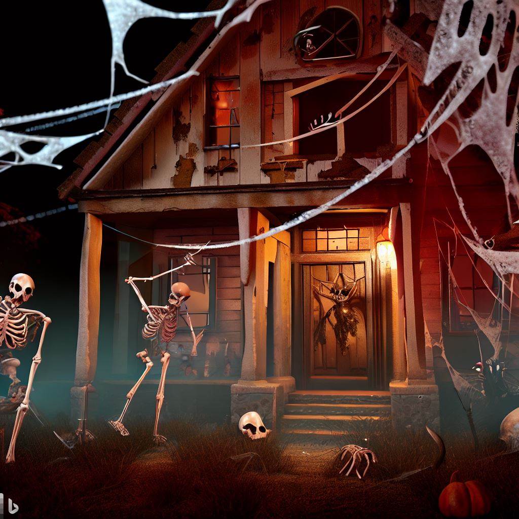 Creepy haunted house decorations with spider webs and skeletons