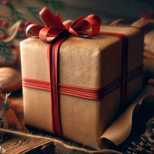 Beautifully wrapped Christmas present with a rustic brown paper and a festive red bow.