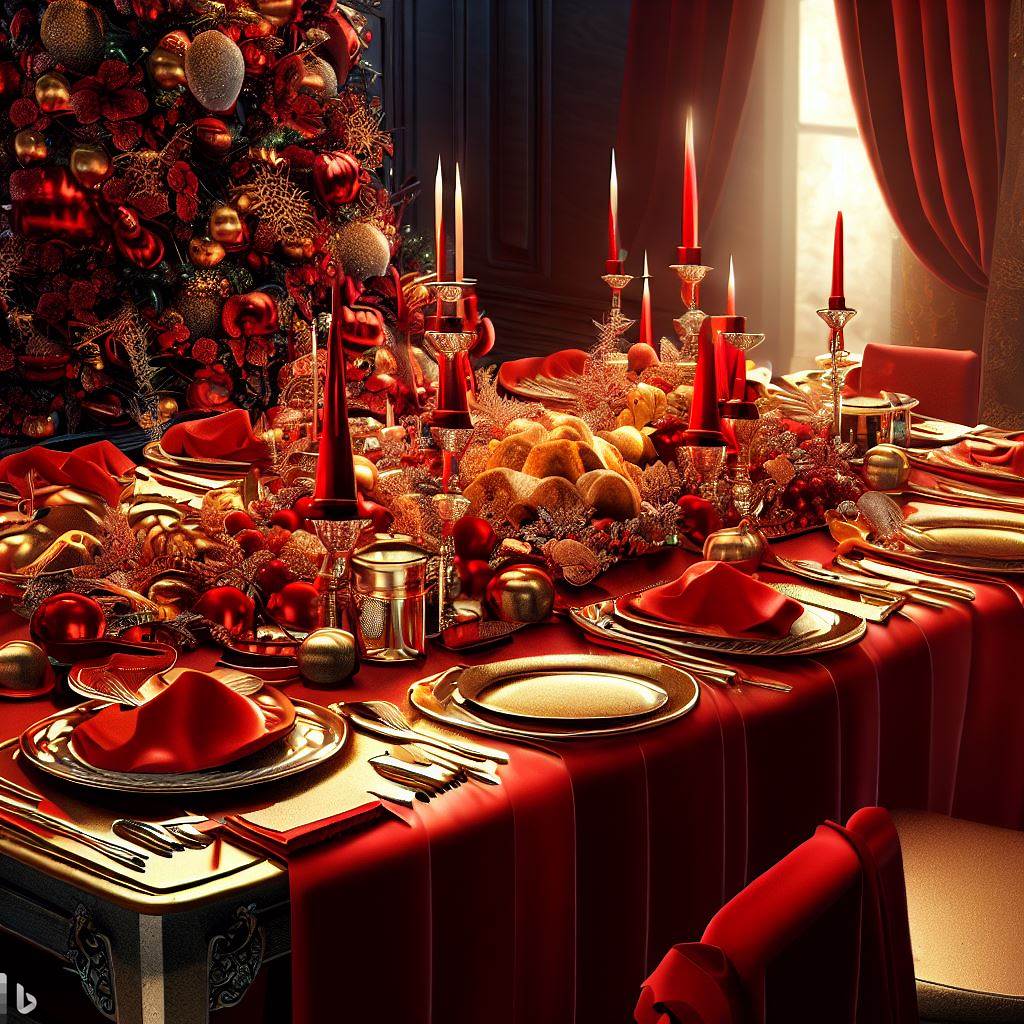 Beautifully set Christmas table with red and gold decorations, ready for a festive meal.