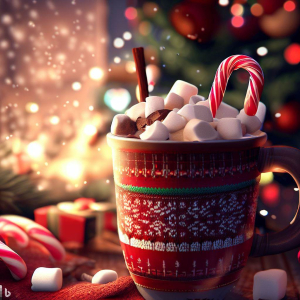 Festive hot cocoa with marshmallows and candy canes, served with a backdrop of a decorated Christmas tree.