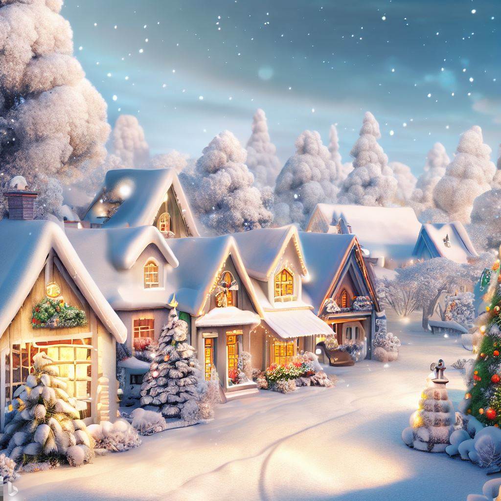 Enchanting Christmas village with charming houses and trees covered in snow.