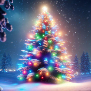 Enchanting Christmas tree with colorful lights shining bright in the snow.