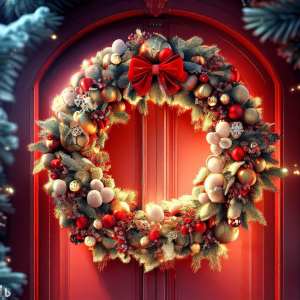 Traditional Christmas wreath adding holiday cheer to a red front door.