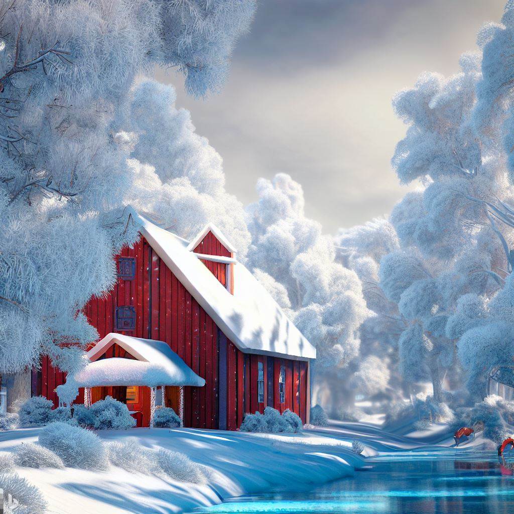 Beautiful Christmas tree farm with snow-covered trees and a rustic red barn.