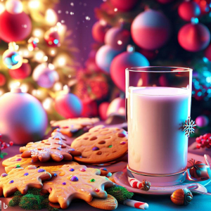Festive milk and cookies with a Christmas tree in the backdrop.