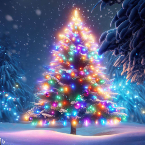 Beautifully lit Christmas tree in the snow with colorful lights.