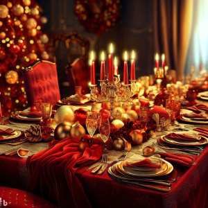 Festive Christmas table with a stunning red and gold color scheme, perfect for entertaining.