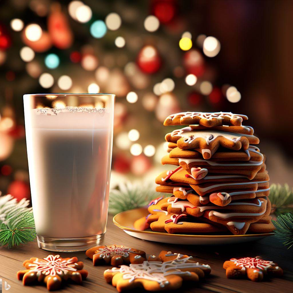 Scrumptious holiday cookies and milk with a beautifully decorated tree.