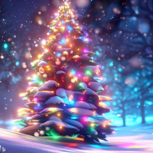 Festive holiday tree adorned with colorful lights in a snowy landscape.