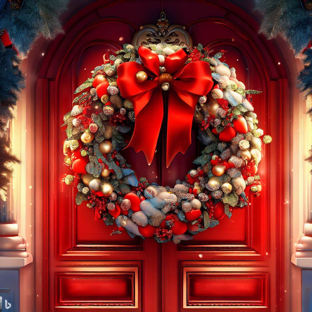Festive wreath hanging on a welcoming red front door.