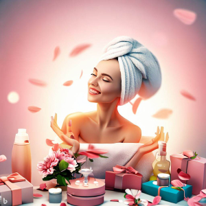 A woman enjoying a spa session with pampering gifts surrounding her.
