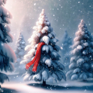 Beautiful snowy pine trees with a red and white scarf wrapped around one of them.