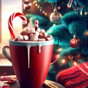 Cozy Christmas hot cocoa with marshmallows and candy canes, with a decorated tree in the background.