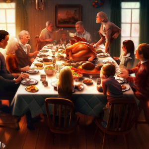 Family gathered around a table for a traditional Thanksgiving dinner