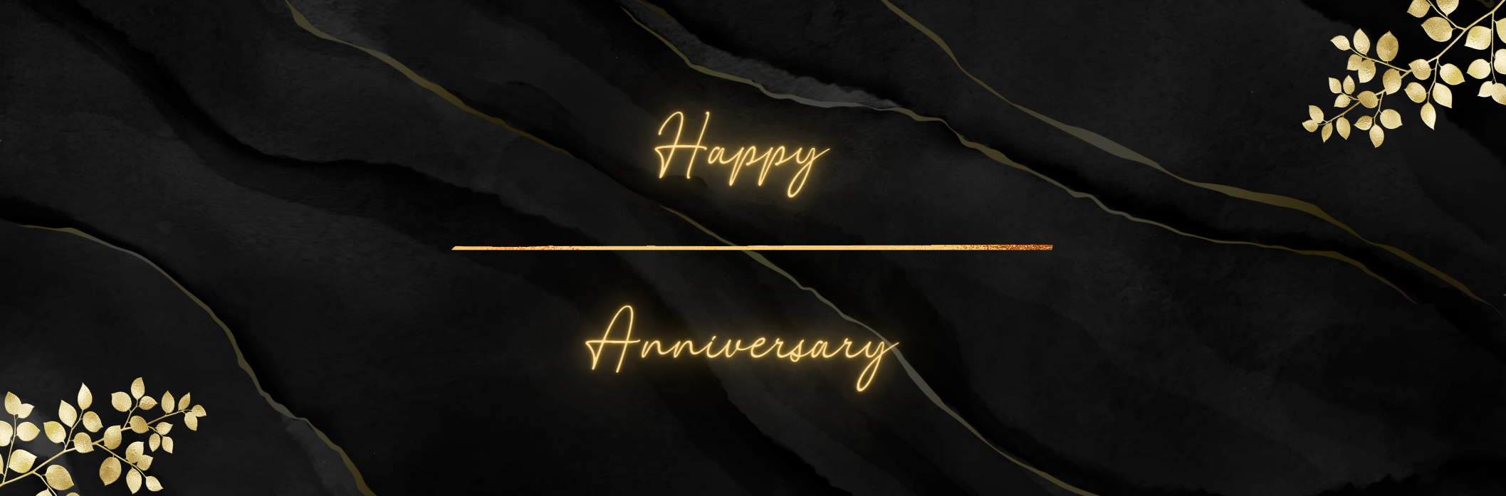 Happy Anniversary banner with gold and white lettering on a black background, perfect for celebrating special occasions and milestones