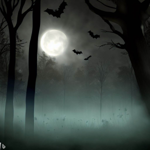 Spooky forest scenes with fog, bats, and full moon