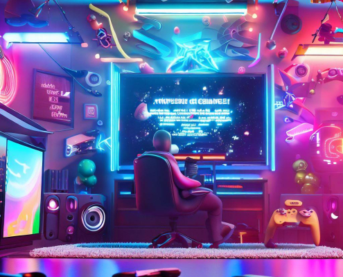Image showcasing a captivating gaming setup with controllers, a vibrant display, and game-themed decorations, highlighting the best gaming streaming services for endless entertainment.