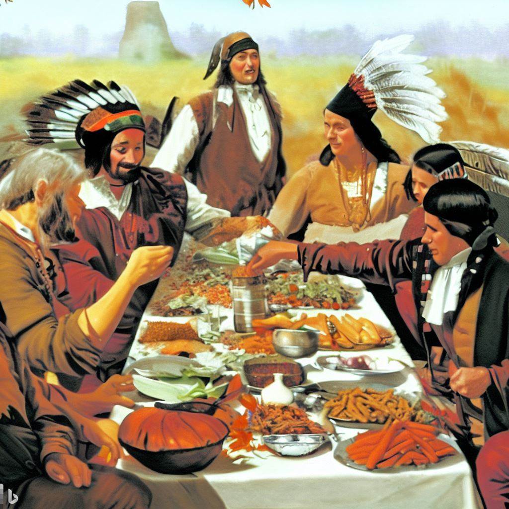 Pilgrims and Wampanoag people sharing a meal at the first Thanksgiving