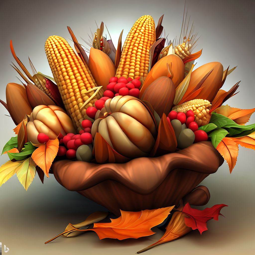 A cornucopia filled with fruits and vegetables symbolizing harvest