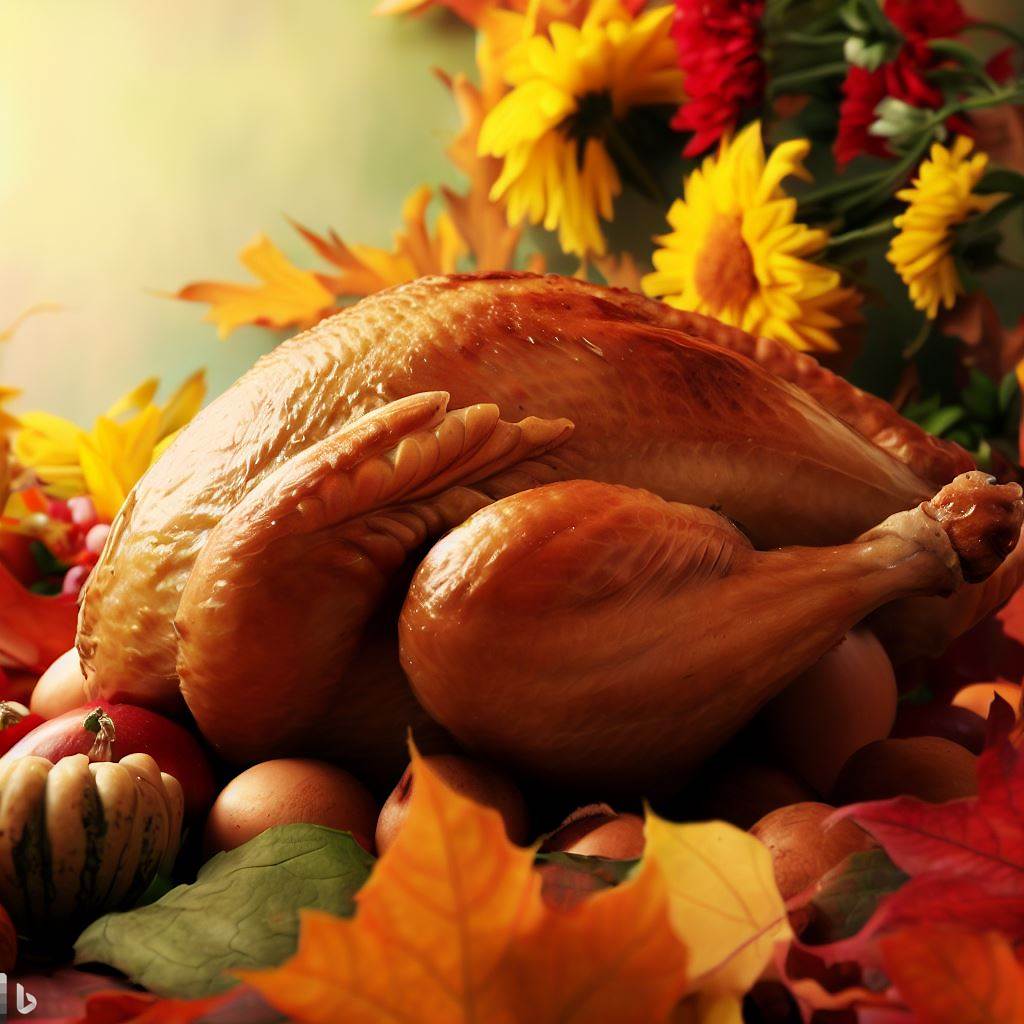 A roasted turkey, the centerpiece of a Thanksgiving meal